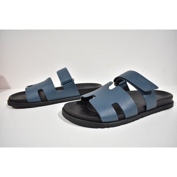 Hermes Chypre Sandal Mens Black Blue H Logo Strap Slide Slip On Flop Flat 44 11 - Picture 10 of 12